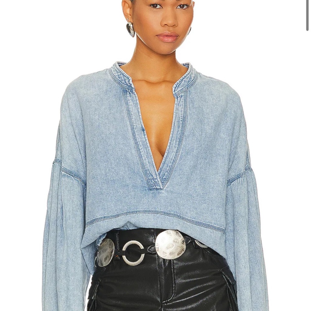 Free People Light Blue Denim Top